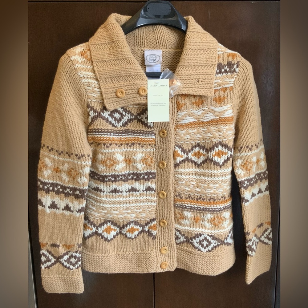 Laura Ashley Camel Cream and Brown Patterned Knit Cardigan